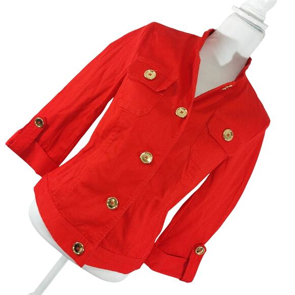 JONES NEW YORK! RICH RED STRETCH, GOLD BUTTON JEAN JACKET STYLE BLAZER! SZ S - Picture 9 of 9